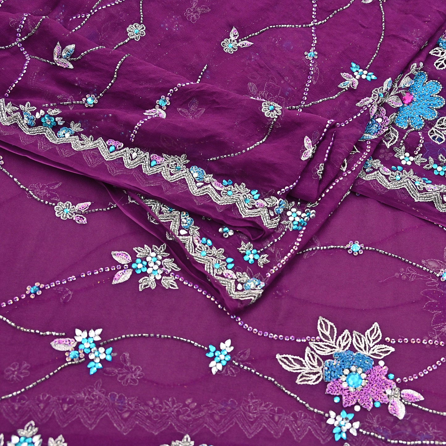 Indian Vintage Heavy Purple Dupatta Pure Georgette Silk Long Stole Hand Embroidered Scarf Zari