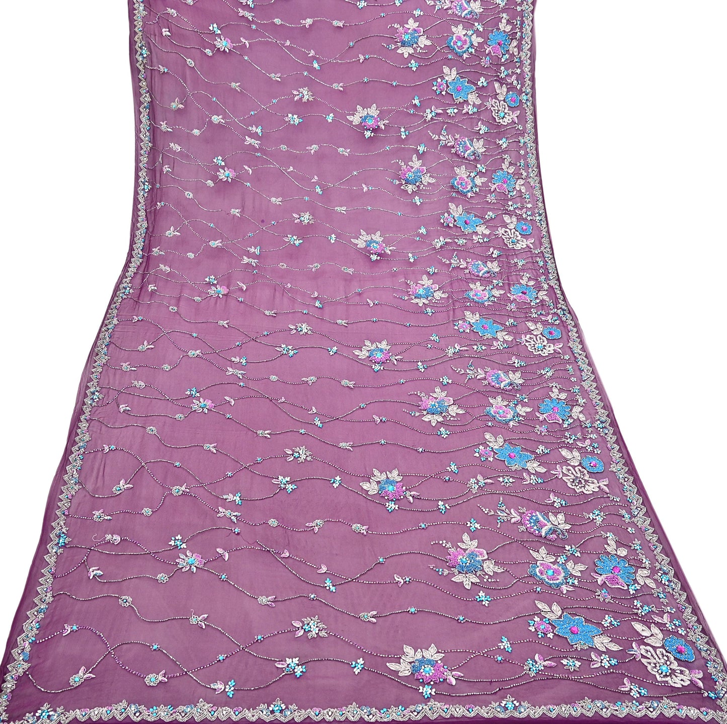 Indian Vintage Heavy Purple Dupatta Pure Georgette Silk Long Stole Hand Embroidered Scarf Zari