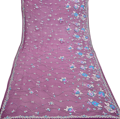 Indian Vintage Heavy Purple Dupatta Pure Georgette Silk Long Stole Hand Embroidered Scarf Zari