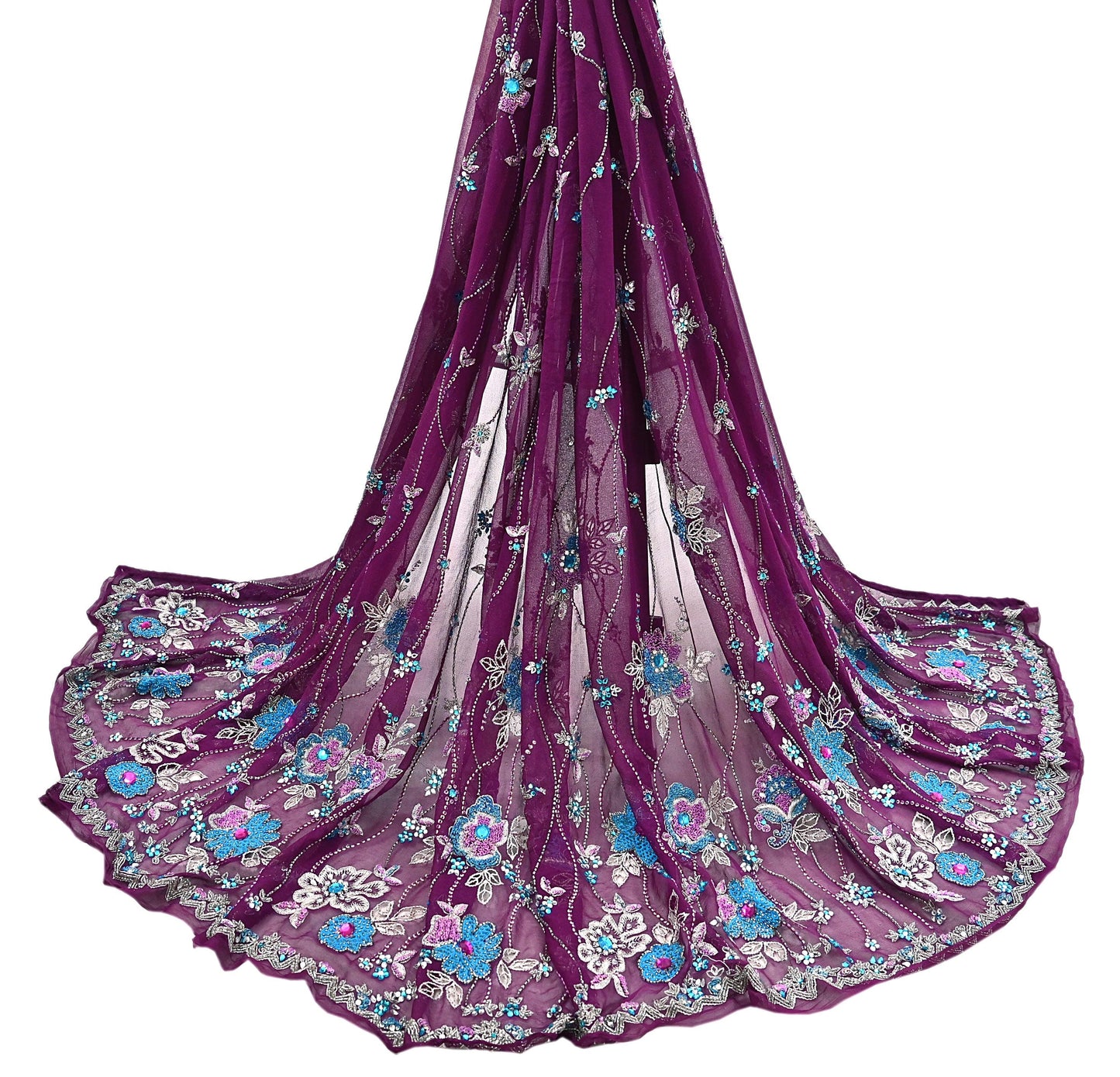 Indian Vintage Heavy Purple Dupatta Pure Georgette Silk Long Stole Hand Embroidered Scarf Zari