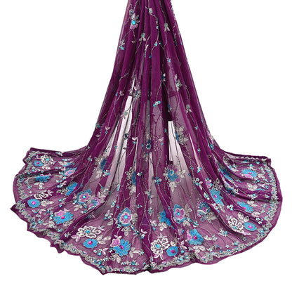 Indian Vintage Heavy Purple Dupatta Pure Georgette Silk Long Stole Hand Embroidered Scarf Zari