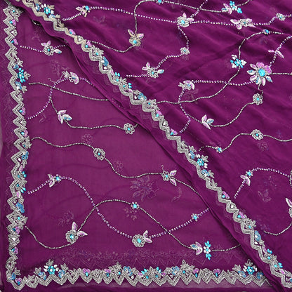 Indian Vintage Heavy Purple Dupatta Pure Georgette Silk Long Stole Hand Embroidered Scarf Zari