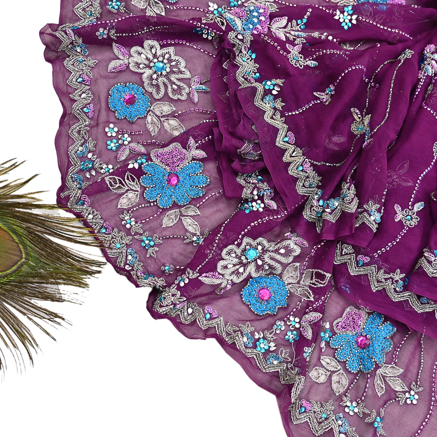 Indian Vintage Heavy Purple Dupatta Pure Georgette Silk Long Stole Hand Embroidered Scarf Zari