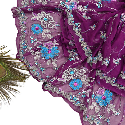 Indian Vintage Heavy Purple Dupatta Pure Georgette Silk Long Stole Hand Embroidered Scarf Zari