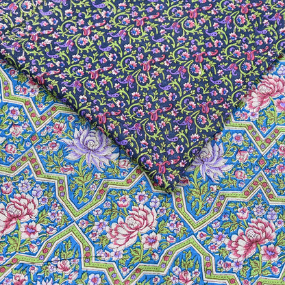 Indian Vintage Blue Sarees Pure Cotton Block Printed Sari 5yd Sewing Craft Fabric DressMaking Soft Crafting Quilting Upcycle