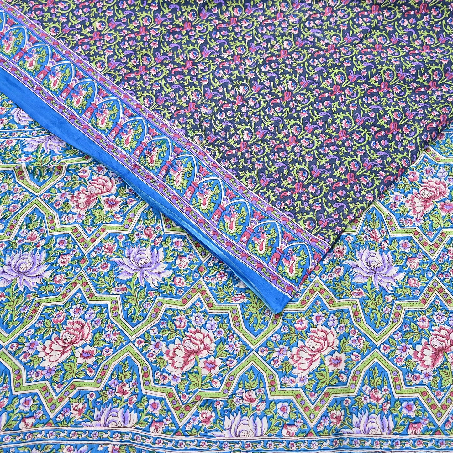 Indian Vintage Blue Sarees Pure Cotton Block Printed Sari 5yd Sewing Craft Fabric DressMaking Soft Crafting Quilting Upcycle
