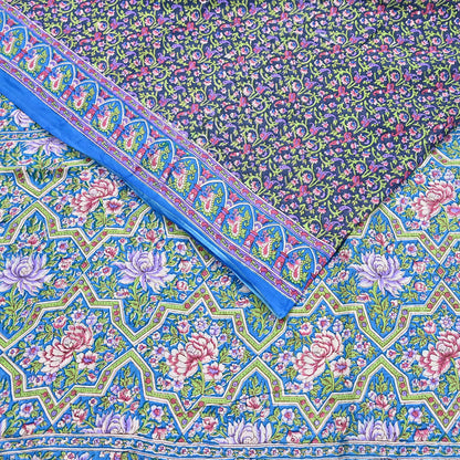 Indian Vintage Blue Sarees Pure Cotton Block Printed Sari 5yd Sewing Craft Fabric DressMaking Soft Crafting Quilting Upcycle