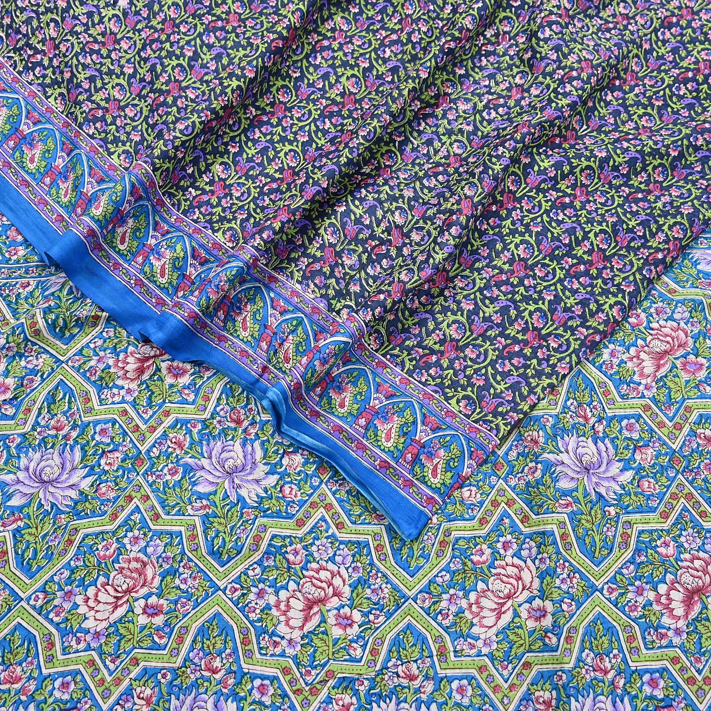 Indian Vintage Blue Sarees Pure Cotton Block Printed Sari 5yd Sewing Craft Fabric DressMaking Soft Crafting Quilting Upcycle