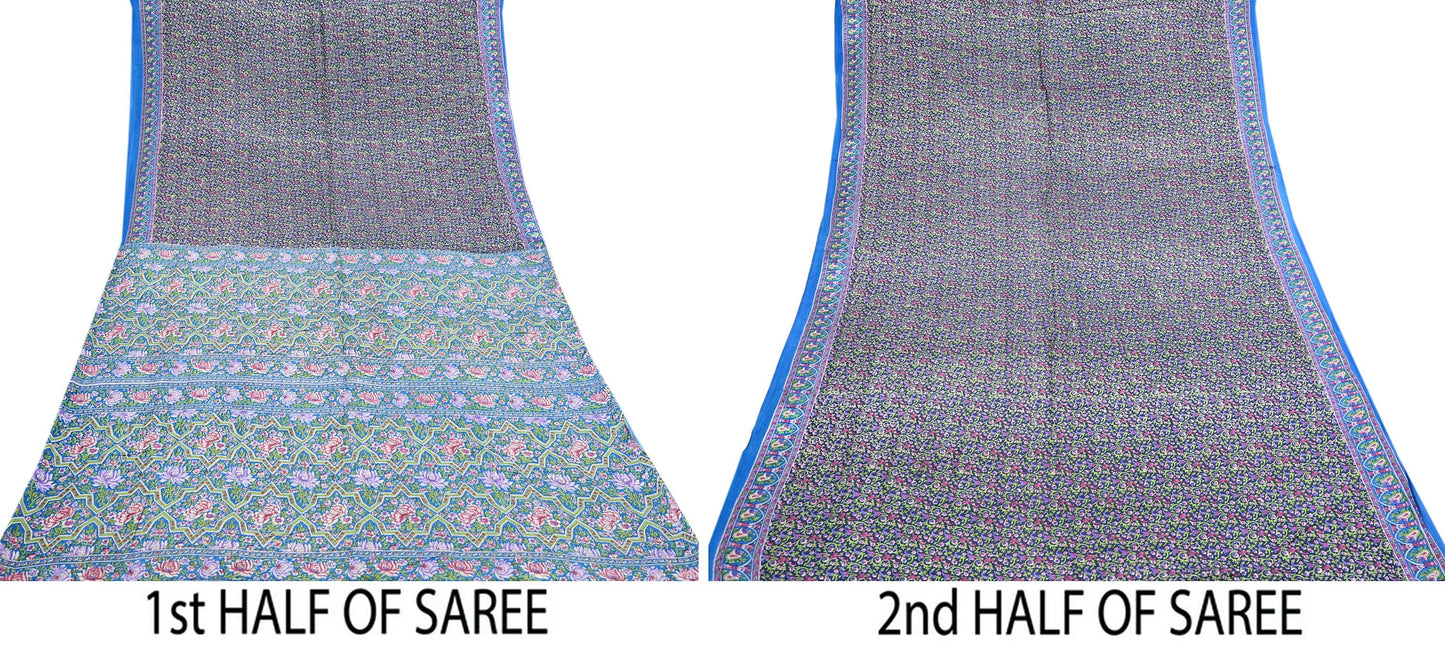 Indian Vintage Blue Sarees Pure Cotton Block Printed Sari 5yd Sewing Craft Fabric DressMaking Soft Crafting Quilting Upcycle