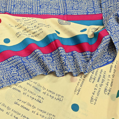 Indian Vintage Sari Blue & Yellow Printed Pure Cotton Sarees 5Yd Craft Fabric Soft Sewing Sarong Wrap Boho Upcycle quilting Dress making