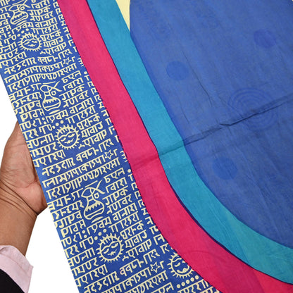 Indian Vintage Sari Blue & Yellow Printed Pure Cotton Sarees 5Yd Craft Fabric Soft Sewing Sarong Wrap Boho Upcycle quilting Dress making