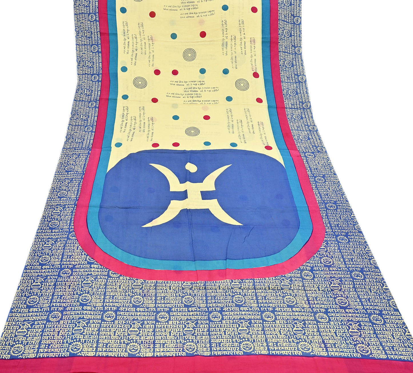 Indian Vintage Sari Blue & Yellow Printed Pure Cotton Sarees 5Yd Craft Fabric Soft Sewing Sarong Wrap Boho Upcycle quilting Dress making