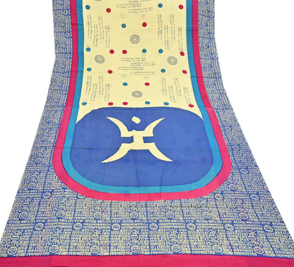 Indian Vintage Sari Blue & Yellow Printed Pure Cotton Sarees 5Yd Craft Fabric Soft Sewing Sarong Wrap Boho Upcycle quilting Dress making