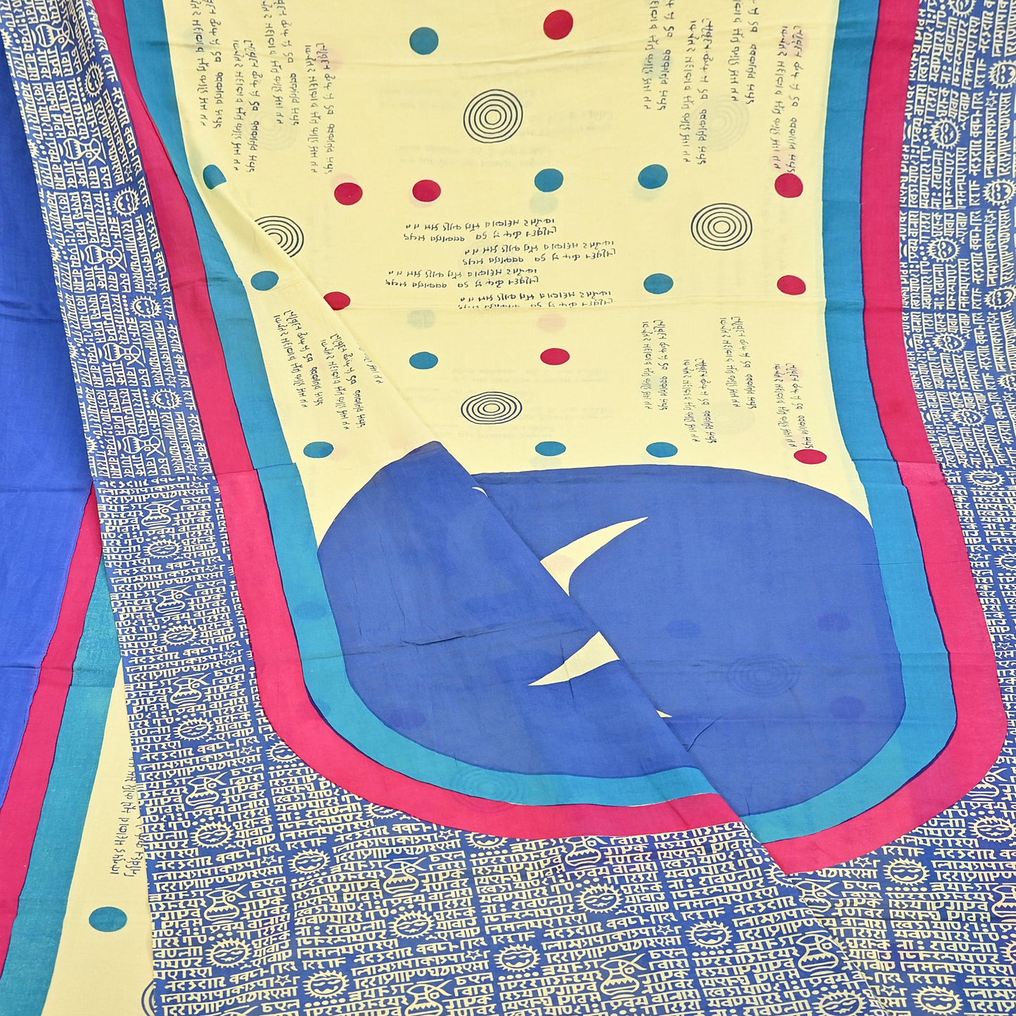 Indian Vintage Sari Blue & Yellow Printed Pure Cotton Sarees 5Yd Craft Fabric Soft Sewing Sarong Wrap Boho Upcycle quilting Dress making