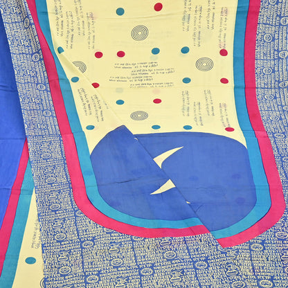 Indian Vintage Sari Blue & Yellow Printed Pure Cotton Sarees 5Yd Craft Fabric Soft Sewing Sarong Wrap Boho Upcycle quilting Dress making