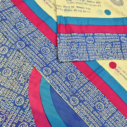 Indian Vintage Sari Blue & Yellow Printed Pure Cotton Sarees 5Yd Craft Fabric Soft Sewing Sarong Wrap Boho Upcycle quilting Dress making