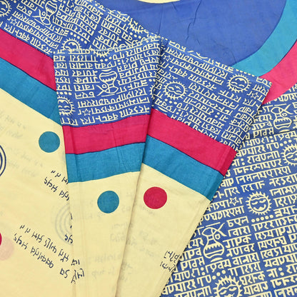 Indian Vintage Sari Blue & Yellow Printed Pure Cotton Sarees 5Yd Craft Fabric Soft Sewing Sarong Wrap Boho Upcycle quilting Dress making