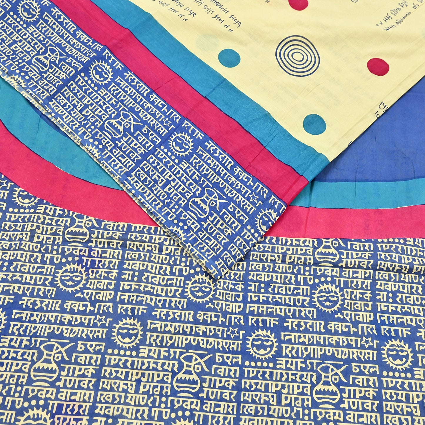 Indian Vintage Sari Blue & Yellow Printed Pure Cotton Sarees 5Yd Craft Fabric Soft Sewing Sarong Wrap Boho Upcycle quilting Dress making