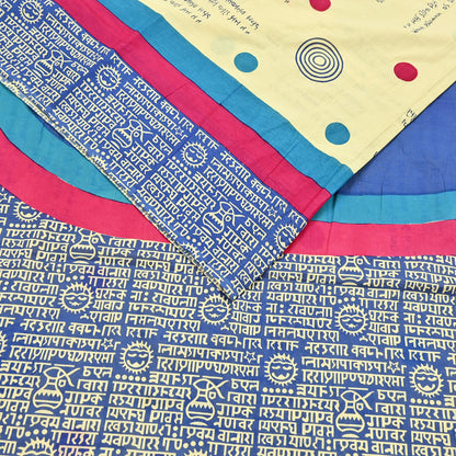 Indian Vintage Sari Blue & Yellow Printed Pure Cotton Sarees 5Yd Craft Fabric Soft Sewing Sarong Wrap Boho Upcycle quilting Dress making