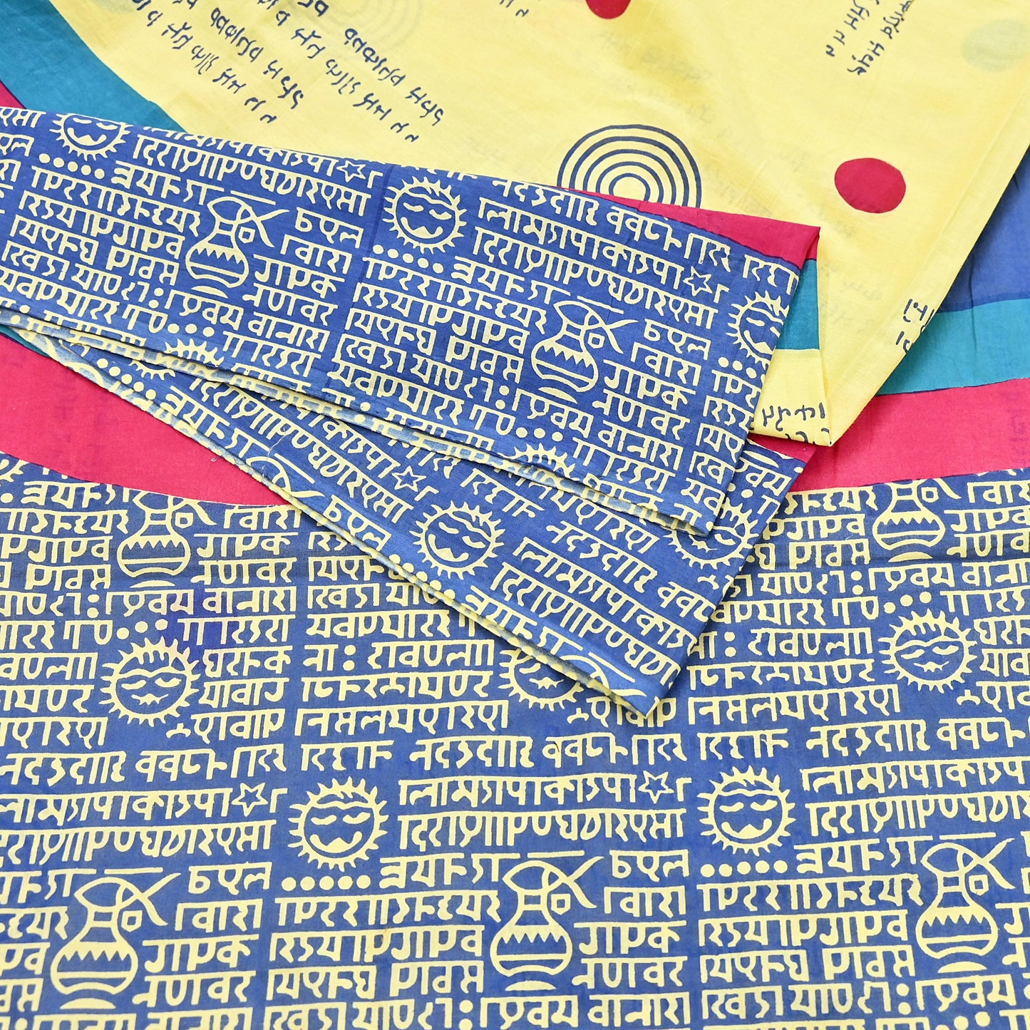 Indian Vintage Sari Blue & Yellow Printed Pure Cotton Sarees 5Yd Craft Fabric Soft Sewing Sarong Wrap Boho Upcycle quilting Dress making