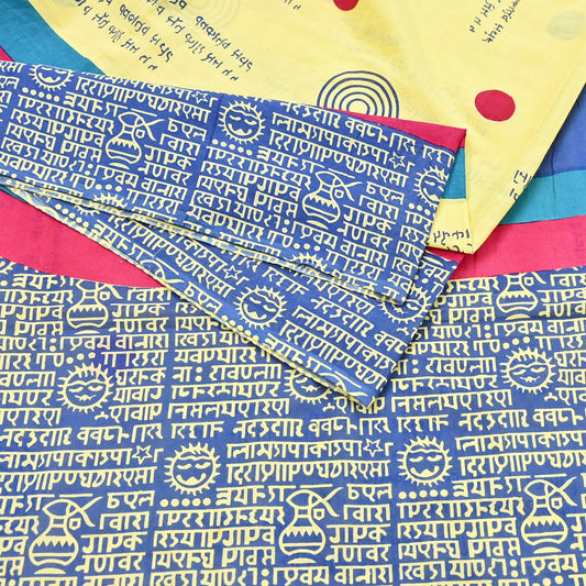 Indian Vintage Sari Blue & Yellow Printed Pure Cotton Sarees 5Yd Craft Fabric Soft Sewing Sarong Wrap Boho Upcycle quilting Dress making