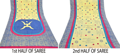 Indian Vintage Sari Blue & Yellow Printed Pure Cotton Sarees 5Yd Craft Fabric Soft Sewing Sarong Wrap Boho Upcycle quilting Dress making