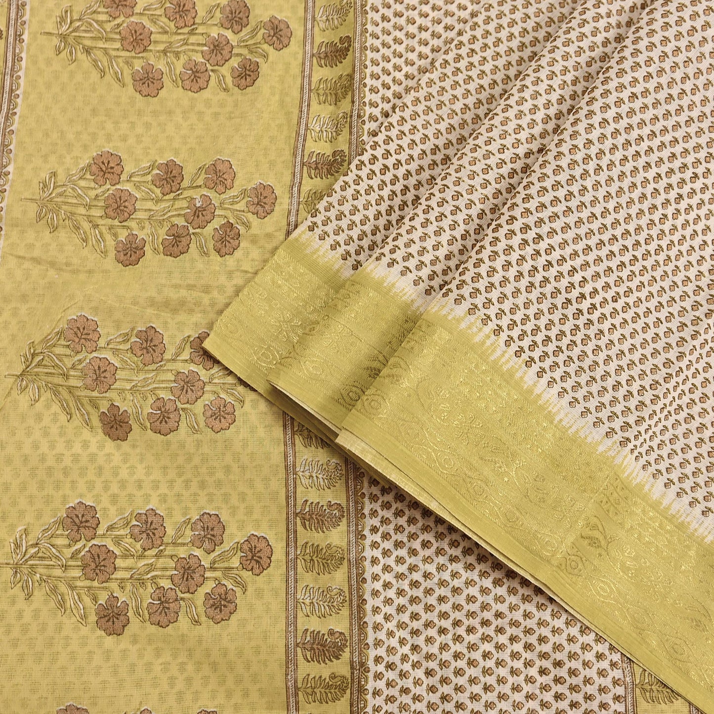 Indian Vintage Ivory & Yellow Saree Printed Pure Cotton Sari Craft Fabric 5Yd Soft Sewing Sarong Wrap Boho Floral Dress making Crafting