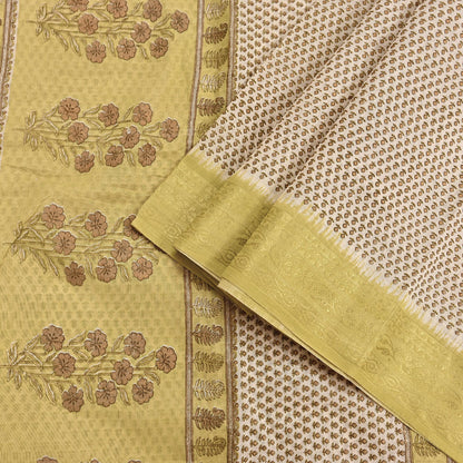 Indian Vintage Ivory & Yellow Saree Printed Pure Cotton Sari Craft Fabric 5Yd Soft Sewing Sarong Wrap Boho Floral Dress making Crafting