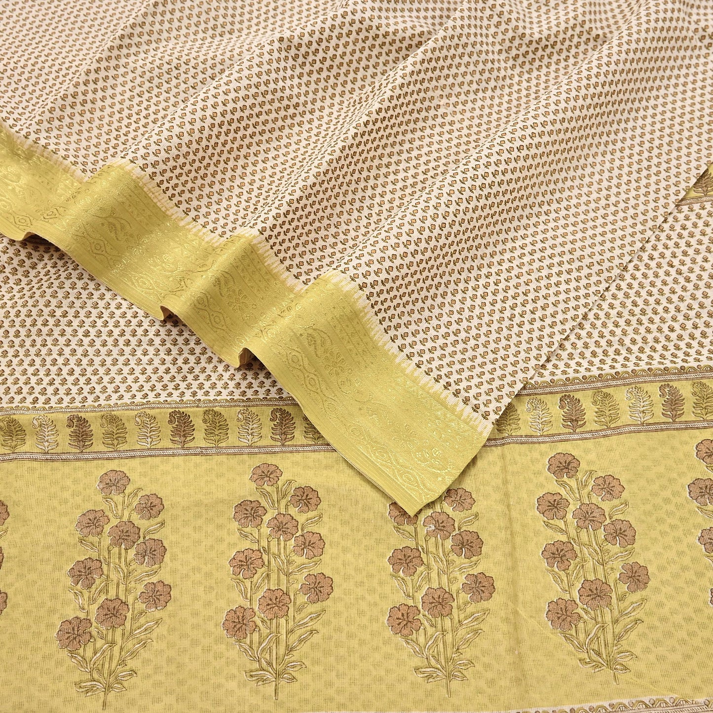 Indian Vintage Ivory & Yellow Saree Printed Pure Cotton Sari Craft Fabric 5Yd Soft Sewing Sarong Wrap Boho Floral Dress making Crafting