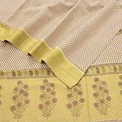 Indian Vintage Ivory & Yellow Saree Printed Pure Cotton Sari Craft Fabric 5Yd Soft Sewing Sarong Wrap Boho Floral Dress making Crafting
