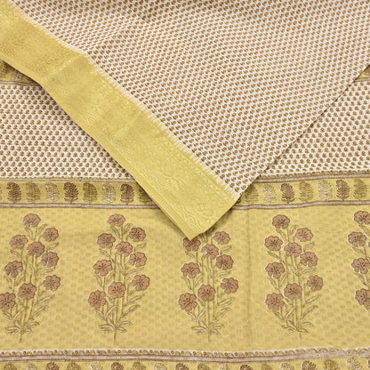 Indian Vintage Ivory & Yellow Saree Printed Pure Cotton Sari Craft Fabric 5Yd Soft Sewing Sarong Wrap Boho Floral Dress making Crafting