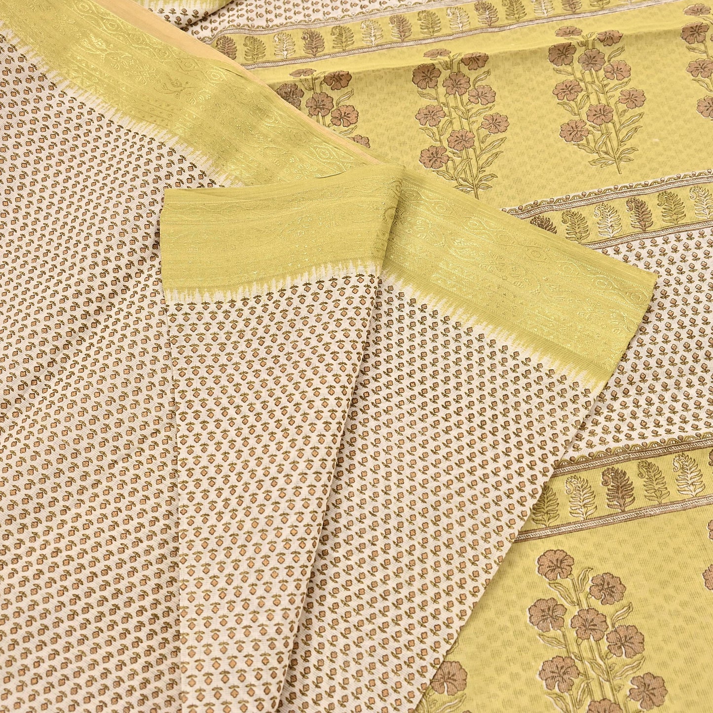 Indian Vintage Ivory & Yellow Saree Printed Pure Cotton Sari Craft Fabric 5Yd Soft Sewing Sarong Wrap Boho Floral Dress making Crafting