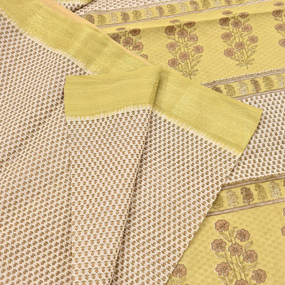 Indian Vintage Ivory & Yellow Saree Printed Pure Cotton Sari Craft Fabric 5Yd Soft Sewing Sarong Wrap Boho Floral Dress making Crafting