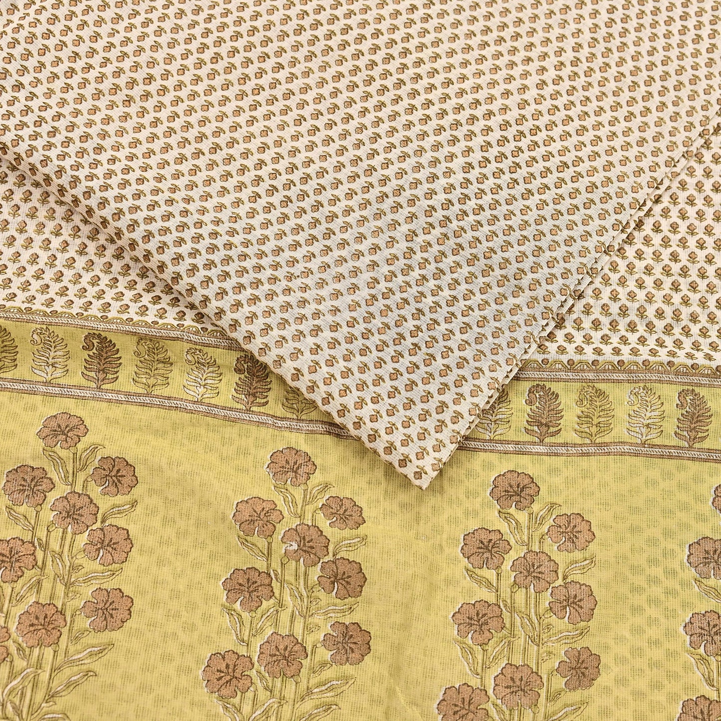 Indian Vintage Ivory & Yellow Saree Printed Pure Cotton Sari Craft Fabric 5Yd Soft Sewing Sarong Wrap Boho Floral Dress making Crafting