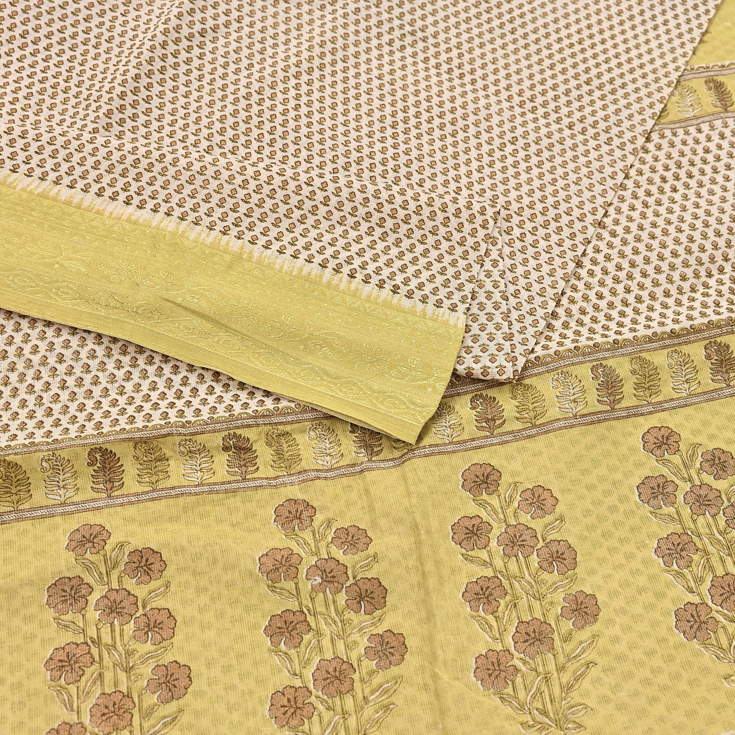 Indian Vintage Ivory & Yellow Saree Printed Pure Cotton Sari Craft Fabric 5Yd Soft Sewing Sarong Wrap Boho Floral Dress making Crafting