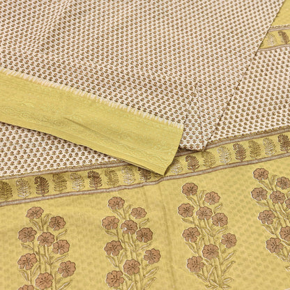 Indian Vintage Ivory & Yellow Saree Printed Pure Cotton Sari Craft Fabric 5Yd Soft Sewing Sarong Wrap Boho Floral Dress making Crafting