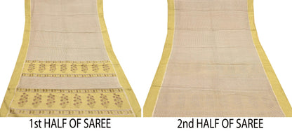 Indian Vintage Ivory & Yellow Saree Printed Pure Cotton Sari Craft Fabric 5Yd Soft Sewing Sarong Wrap Boho Floral Dress making Crafting