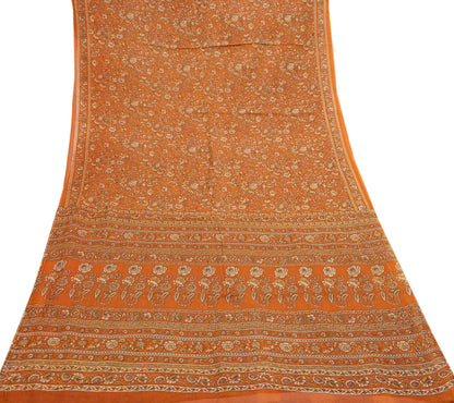 Indian Vintage Sari Orange Pure Cotton Printed Sarees Craft Fabric Soft 5Yd Sarong Wrap Boho Fabric Kimono Quilting Crafting Upcycle