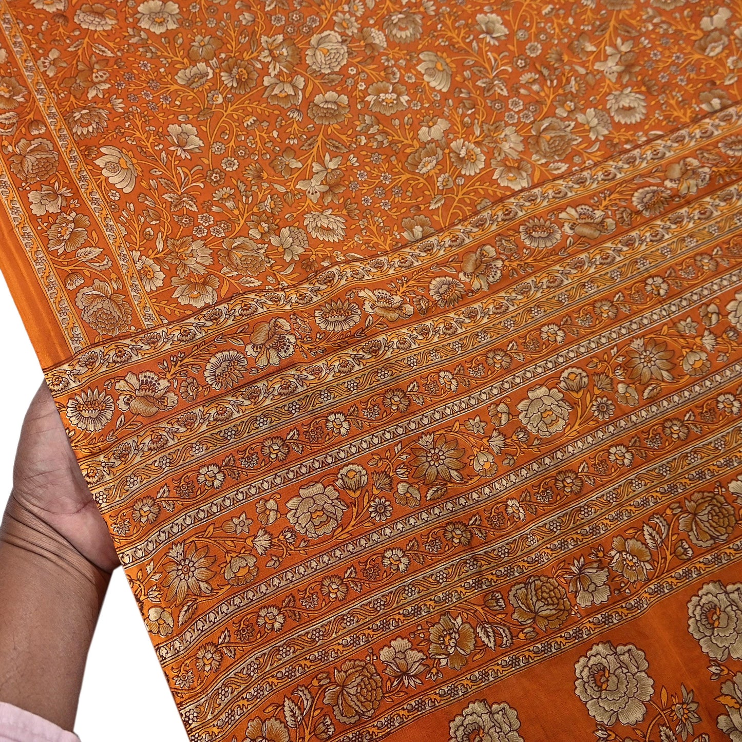 Indian Vintage Sari Orange Pure Cotton Printed Sarees Craft Fabric Soft 5Yd Sarong Wrap Boho Fabric Kimono Quilting Crafting Upcycle
