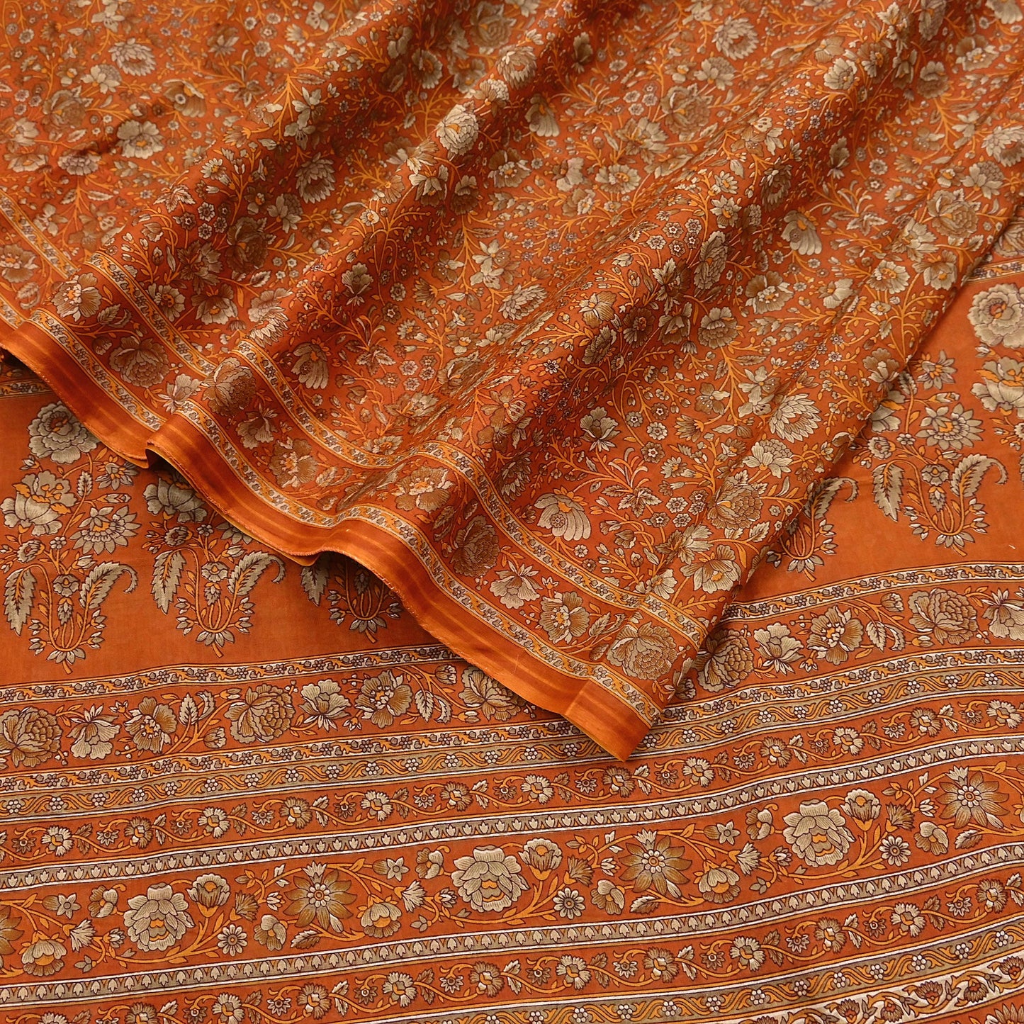 Indian Vintage Sari Orange Pure Cotton Printed Sarees Craft Fabric Soft 5Yd Sarong Wrap Boho Fabric Kimono Quilting Crafting Upcycle