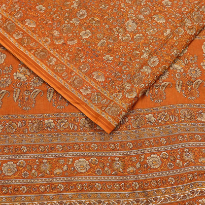Indian Vintage Sari Orange Pure Cotton Printed Sarees Craft Fabric Soft 5Yd Sarong Wrap Boho Fabric Kimono Quilting Crafting Upcycle