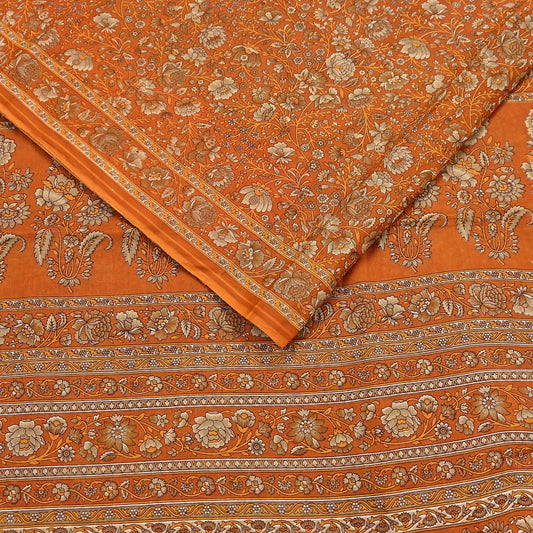 Indian Vintage Sari Orange Pure Cotton Printed Sarees Craft Fabric Soft 5Yd Sarong Wrap Boho Fabric Kimono Quilting Crafting Upcycle