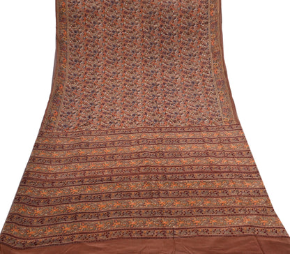 Indian Vintage Sari Brown Pure Crepe Silk Hand Embroidered Saree 6yd Sewing Floral Craft Sequins Dress making Crafting Quilting
