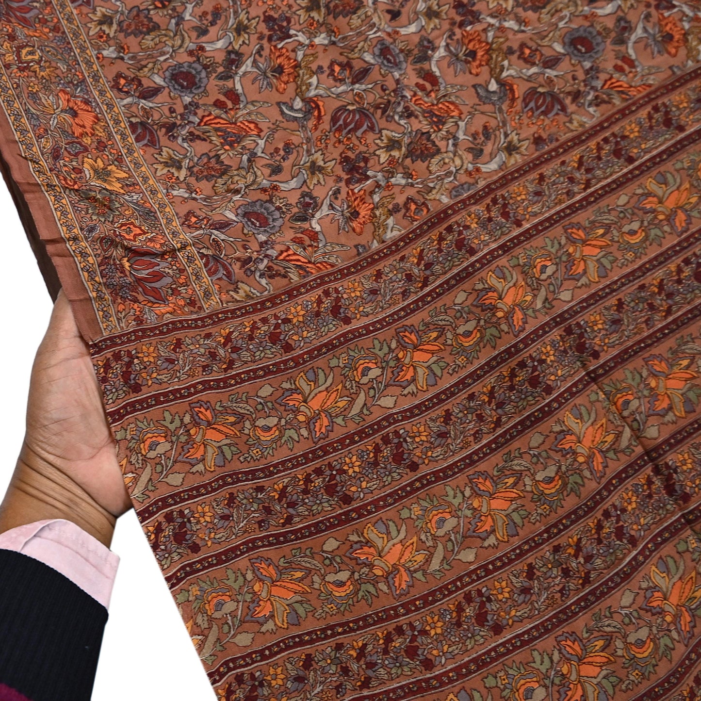 Indian Vintage Sari Brown Pure Crepe Silk Hand Embroidered Saree 6yd Sewing Floral Craft Sequins Dress making Crafting Quilting