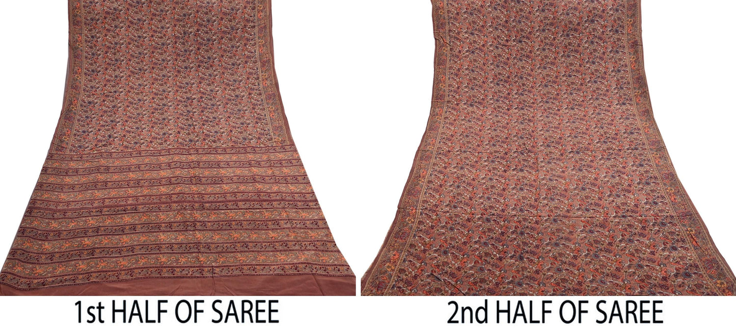 Indian Vintage Sari Brown Pure Crepe Silk Hand Embroidered Saree 6yd Sewing Floral Craft Sequins Dress making Crafting Quilting