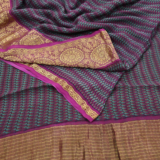 Indian Vintage Sari Green & Maroon 100% Pure Georgette Silk Printed Sarees Sewing 5yd Craft Soft Dress Designing for Crafting Zari Border