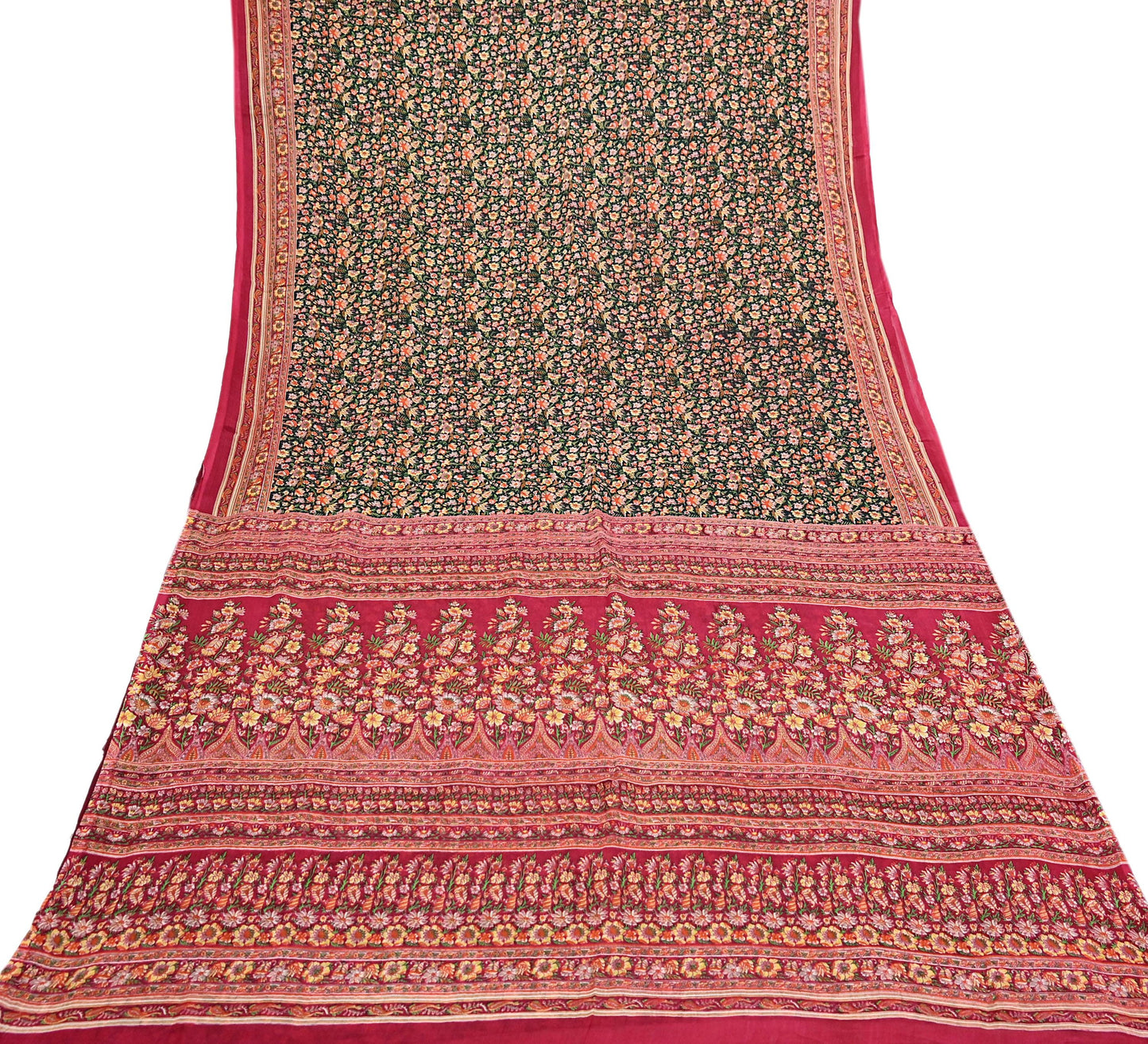 Indian Vintage Red & Black Pure Silk Printed Saree 5 Yards Soft Floral Fabric for Dressmaking, Quilting, Crafting, Sewing, Dress Making
