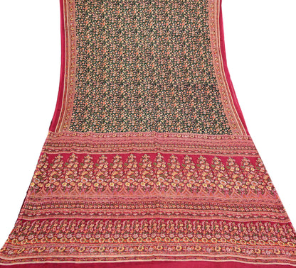 Indian Vintage Red & Black Pure Silk Printed Saree 5 Yards Soft Floral Fabric for Dressmaking, Quilting, Crafting, Sewing, Dress Making