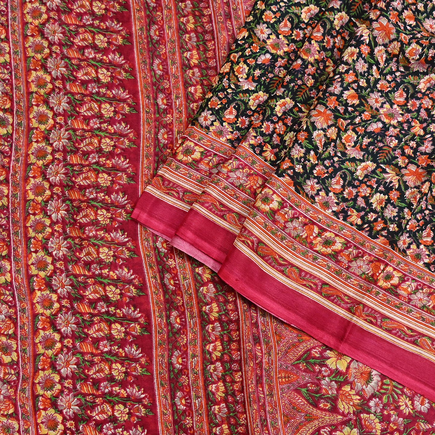 Indian Vintage Red & Black Pure Silk Printed Saree 5 Yards Soft Floral Fabric for Dressmaking, Quilting, Crafting, Sewing, Dress Making