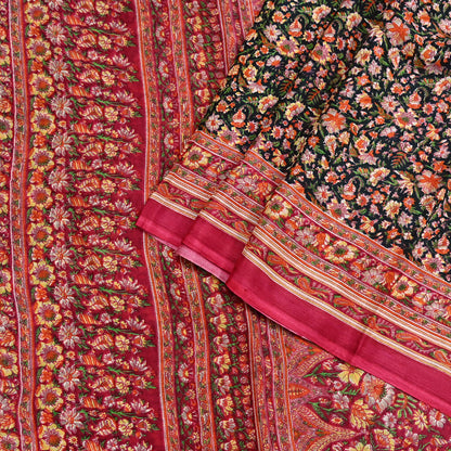 Indian Vintage Red & Black Pure Silk Printed Saree 5 Yards Soft Floral Fabric for Dressmaking, Quilting, Crafting, Sewing, Dress Making
